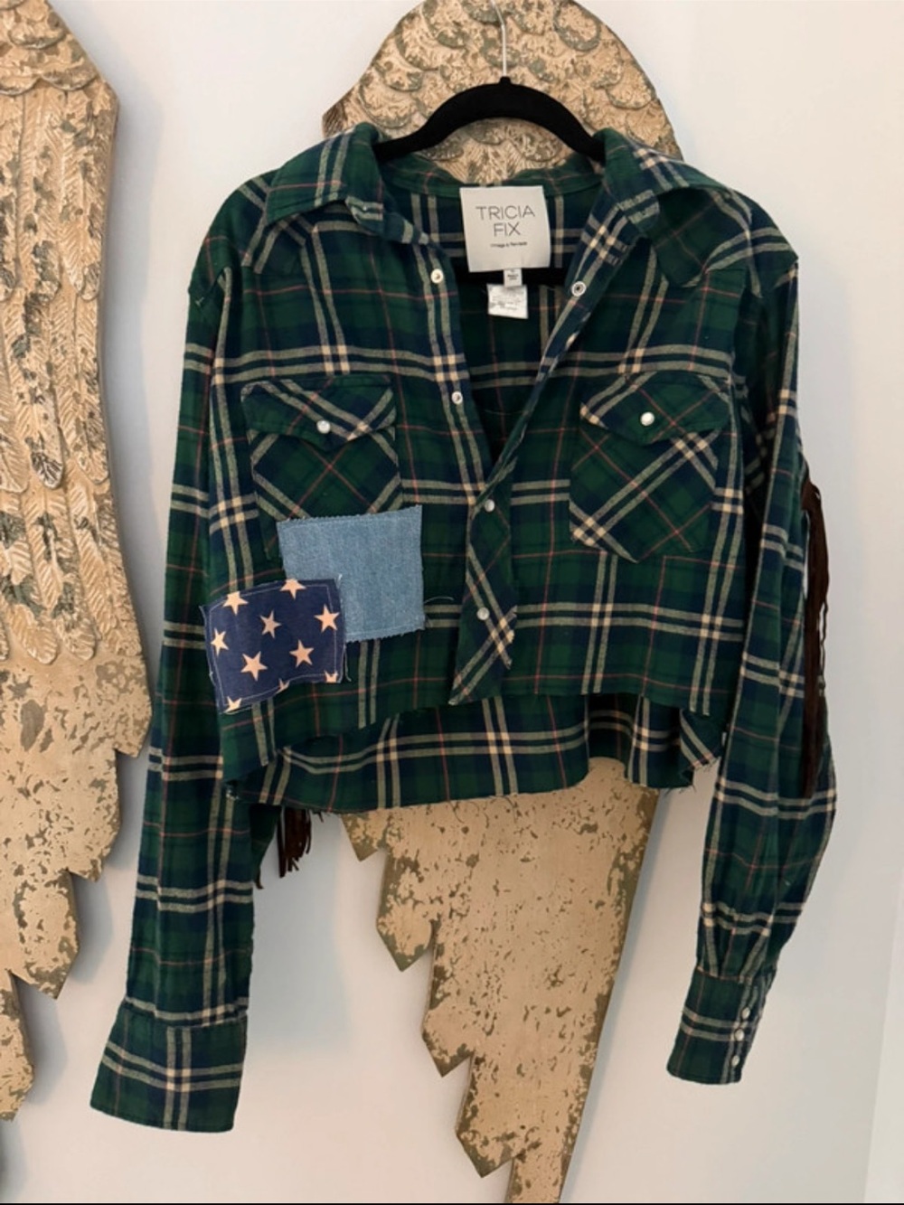 Tricia Fix Green Plaid Cropped Button-Down with Fringe…Star and Denim Patches